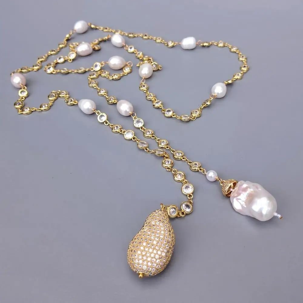 White Baroque Pearl CZ Pave Rosary Chain Long Necklace