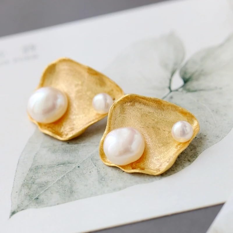 18K Gold Plated Earrings with Natural Freshwater Baroque Pearls, 925 Sterling Silver Stud Earrings