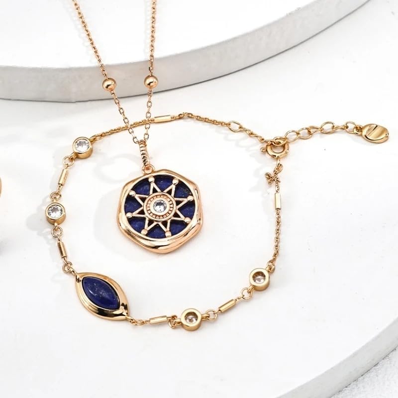 Lapis Lazuli 925 Sterling Silver Gold Plated Round Disc Station Bracelet, Dainty Trendy Lightweight Slim Chain for Women