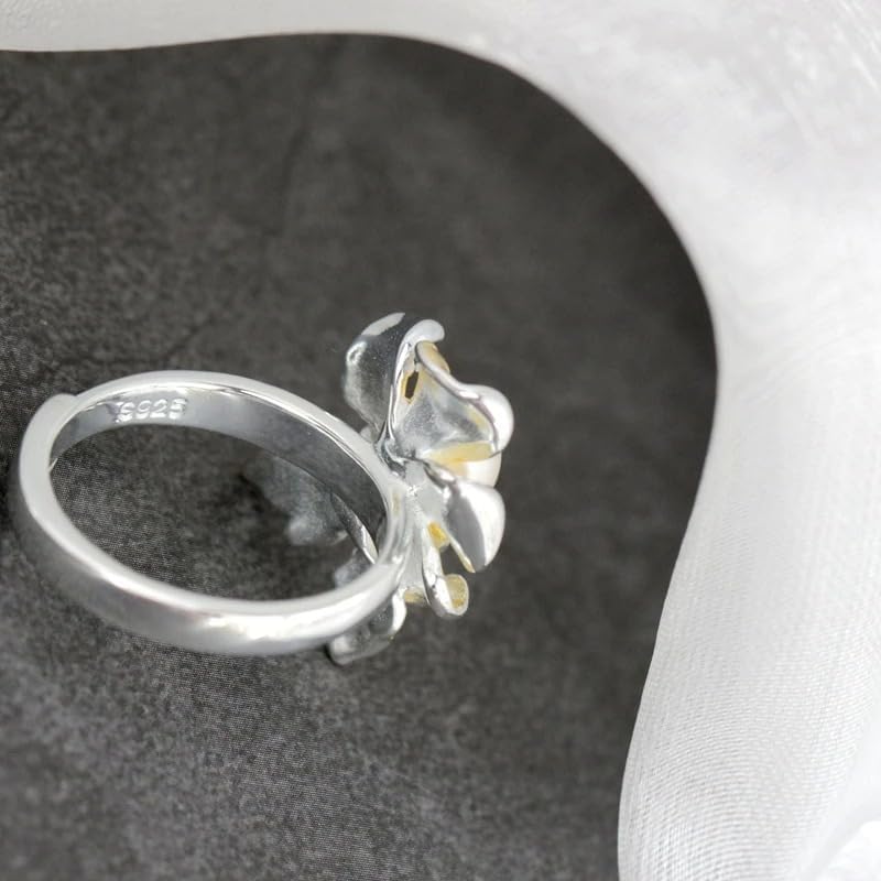Natural Freshwater Pearl 925 Sterling Silver Ring with 18K Gold Plated Flower Design, Adjustable Open Ring