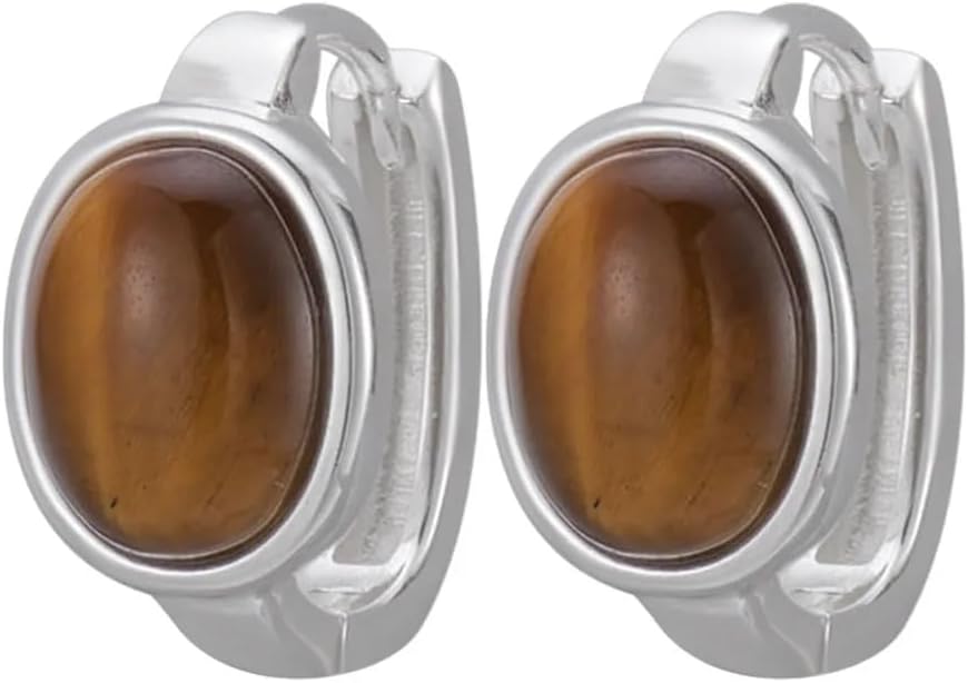 Natural Oval Tiger's Eye Stone 925 Sterling Silver Huggie Hoop Earrings