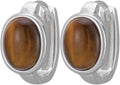 Natural Oval Tiger's Eye Stone 925 Sterling Silver Huggie Hoop Earrings
