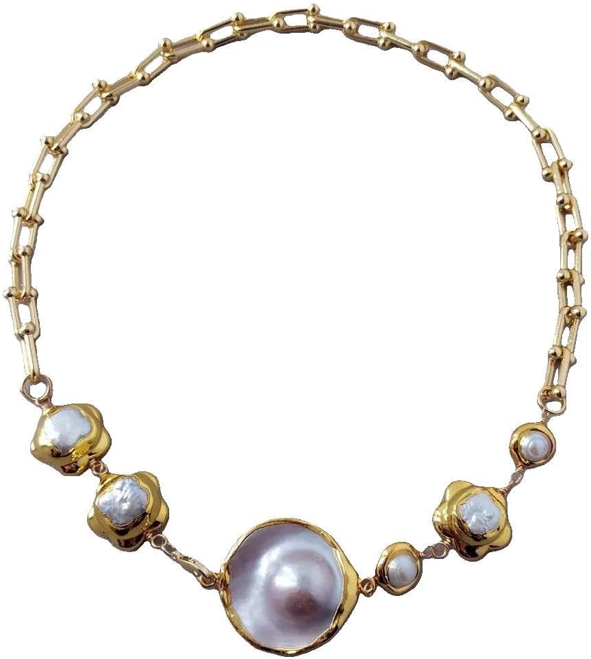 Elegant Pearl Necklace, Gold-Toned Chain with 32mm Gray Mabe Pendant, 20mm White Cultured Pearl Flower Collar