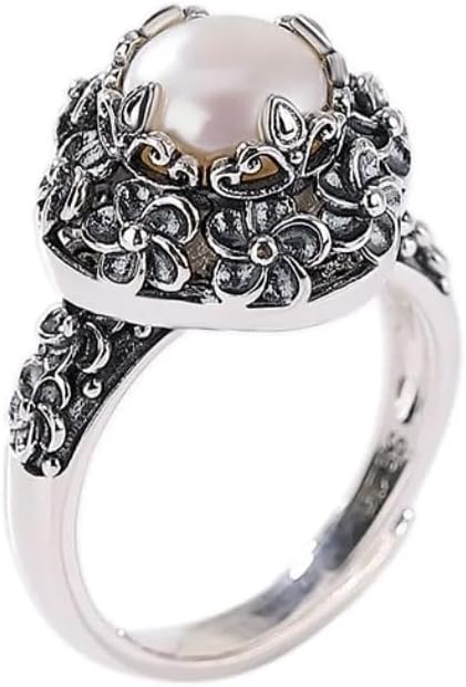 Generic 925 Sterling Silver Round Freshwater Pearl Vintage Hollowed Out Flowers Ring