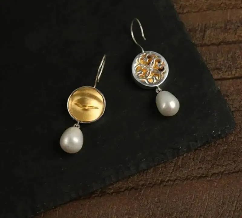925 Silver Two Tone Natural Pearl Dangle Earrings with Buddha Statues
