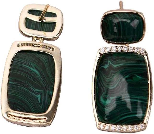 Sterling Silver Vintage Malachite Dangle Earrings, Green Natural Stone with Zircon Paved, 20x23mm, Gold Plated Rectangular Stud