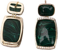 Sterling Silver Vintage Malachite Dangle Earrings, Green Natural Stone with Zircon Paved, 20x23mm, Gold Plated Rectangular Stud