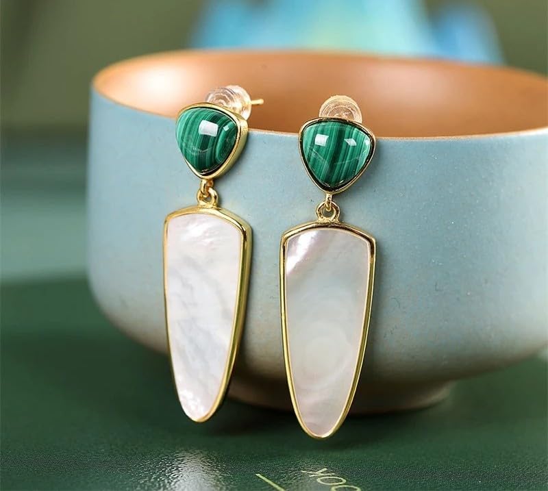 Natural Malachite White Mother of Pearl 925 Sterling Silver Dangle Earrings