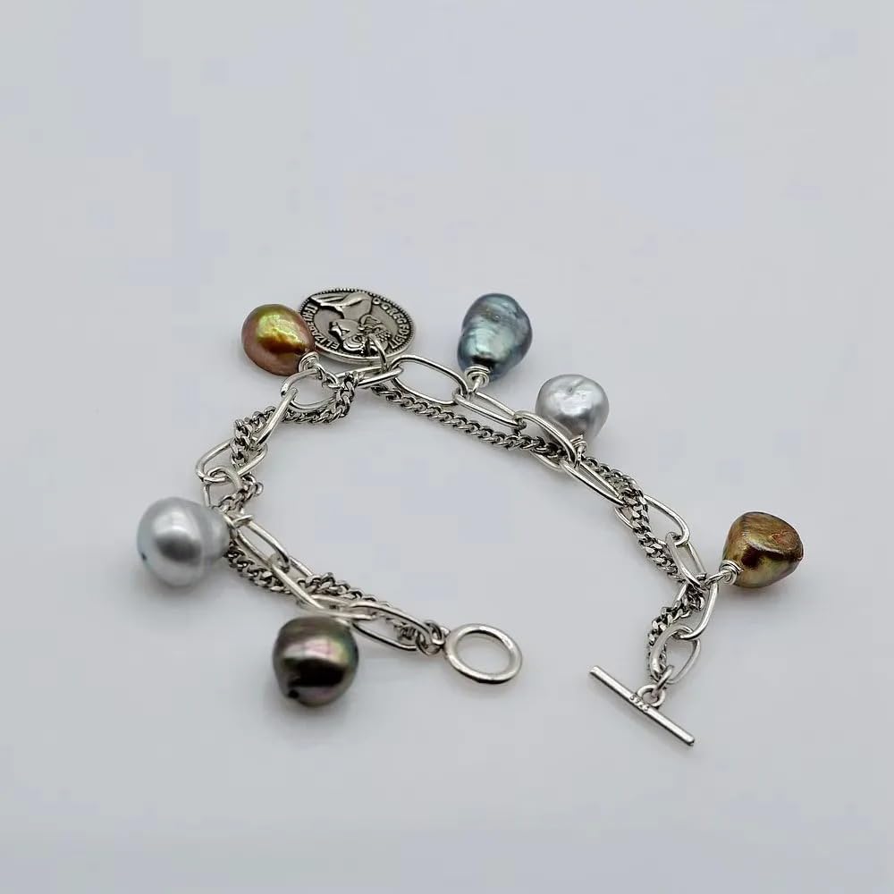 Vintage Style Freshwater Pearl Charm Bracelet, Silver Chain with Baroque Pearls, Multi-Color Natural Pearls, Queen Coin Pendant