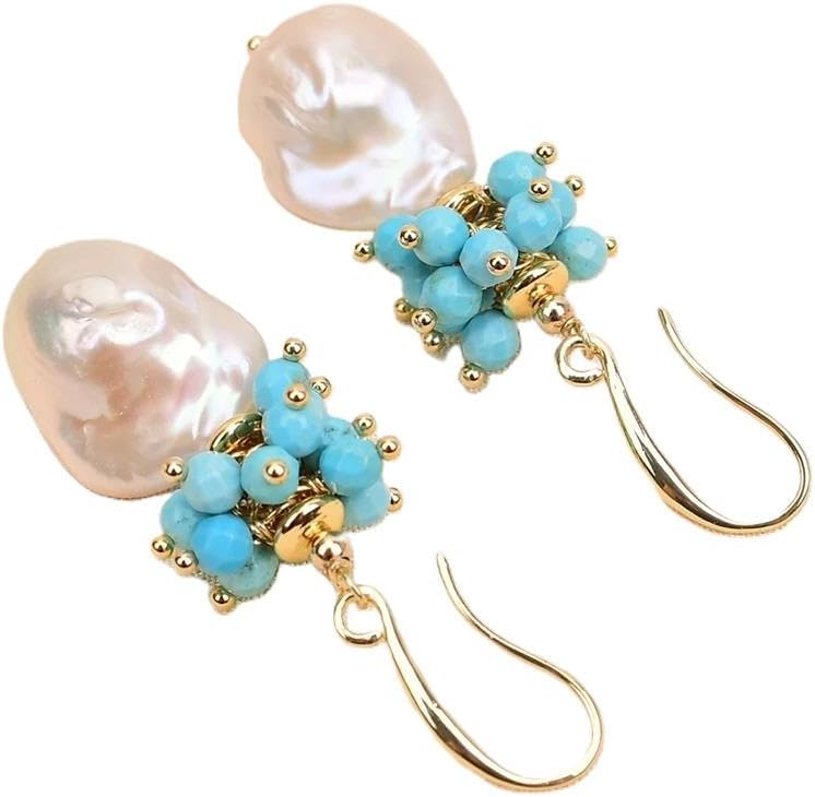 Baroque Pearl and Turquoise Drop Earrings, White Keshi Cultured Pearls with Blue Beads, Gold-Colored Hook Design