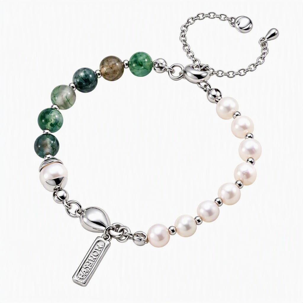Pearl Moss Agate S925 Silver Beaded Charm Bracelet 24cm