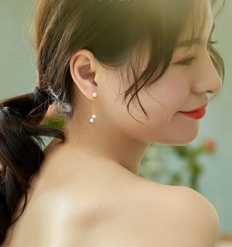 18K Gold Pearl Drop Earrings, AKoya Round Seawater Pearl, Dangle Chain Style, Wedding Gift for Women