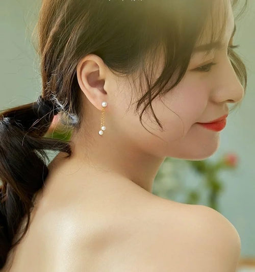 18K Gold Pearl Drop Earrings, AKoya Round Seawater Pearl, Dangle Chain Style, Wedding Gift for Women