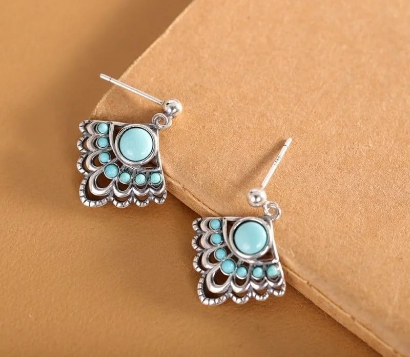 Vintage Style Turquoise Drop Earrings, 925 Sterling Silver, Peacock Tail Fan Design, Bohemian Dangle Statement Jewelry for Women