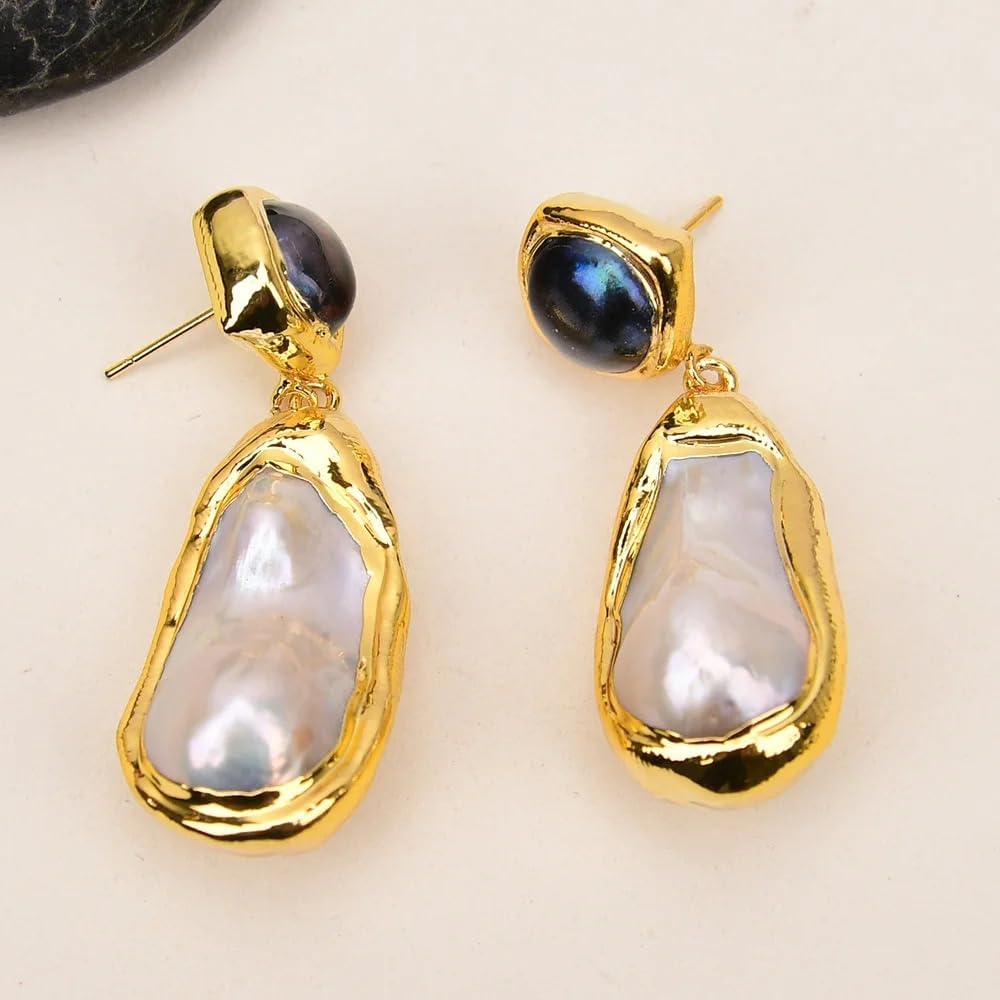 Elegant Baroque Pearl Drop Earrings, Gold-Plated with Black Pearl Studs, Freshwater Cultured White Pearl Dangle Design
