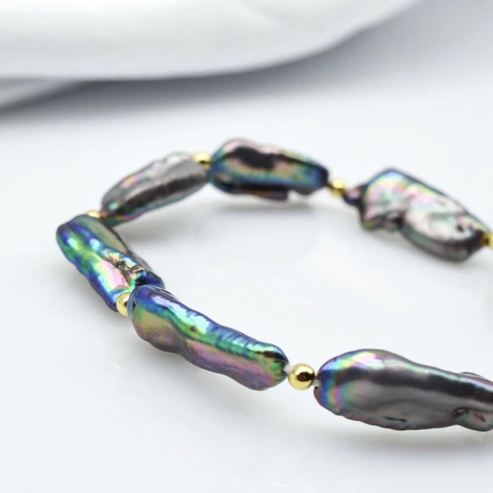 Genuine Black Baroque Freshwater Pearl Stretch Bracelet, Multicolor Iridescent