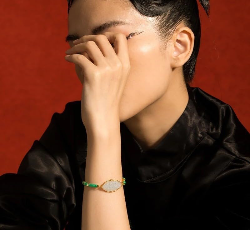 Natural Hotan White Jade and Green Beaded Bracelet, Elegant Luxury Jewelry with Gold-Tone Accents