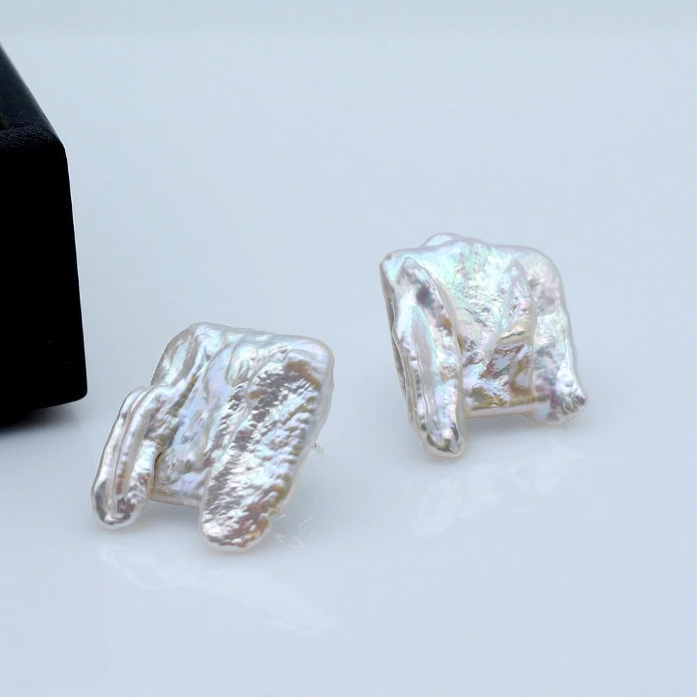 Genuine Baroque Pearl Earrings, White Irregular Shape, Large Oversized Statement Earrings, Silver, Boho Style