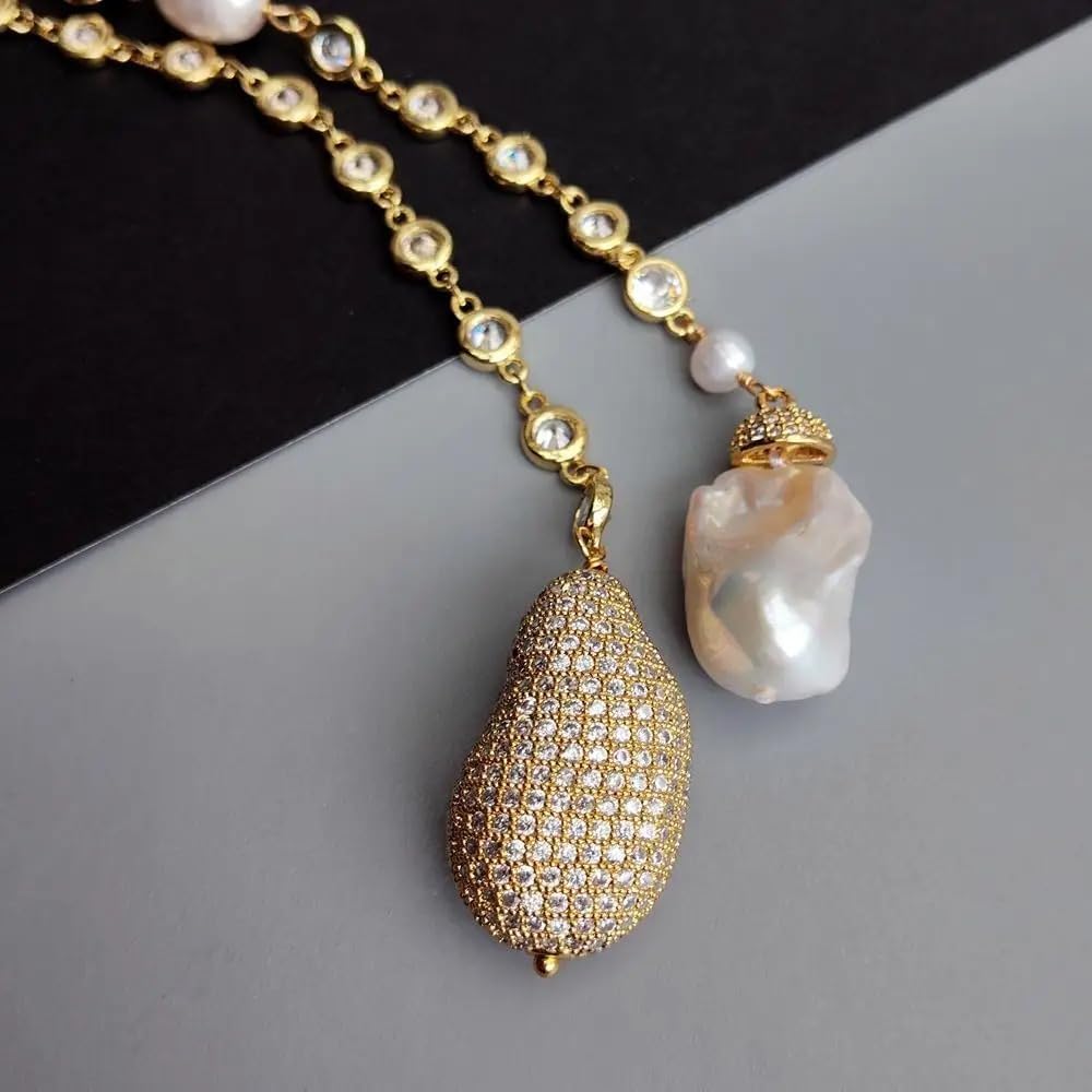 White Baroque Pearl CZ Pave Rosary Chain Long Necklace