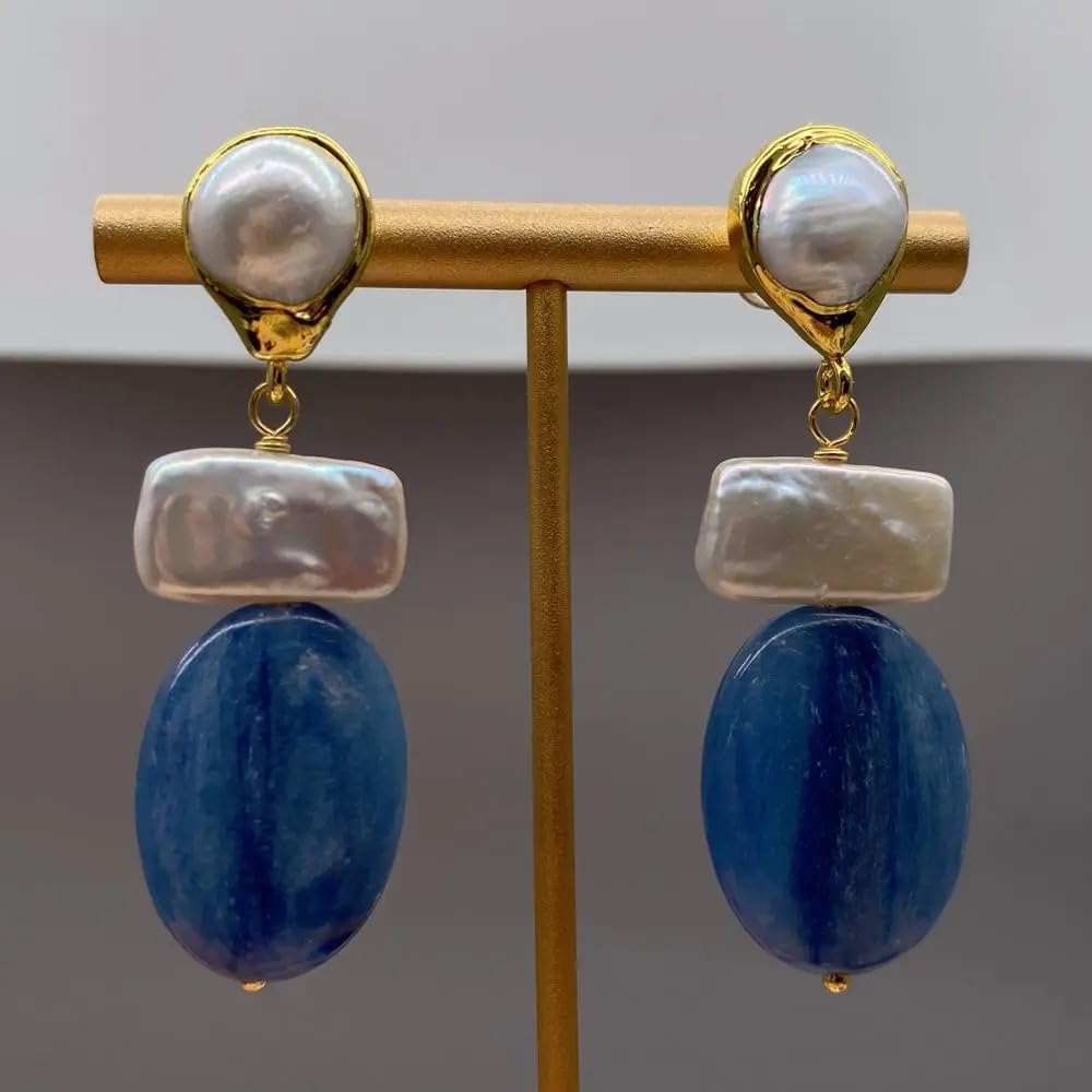 Blue Kyanite Cultured White Biwa Pearl Geometric Dangle Earrings