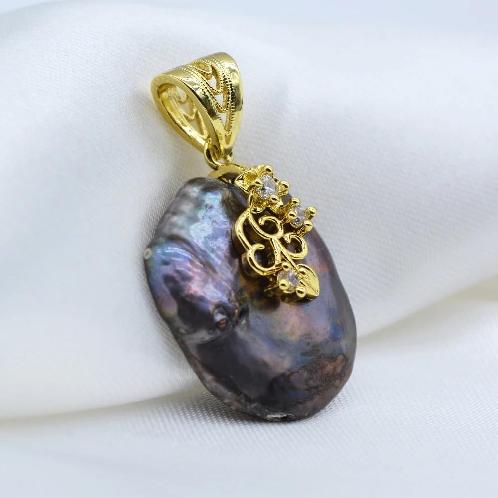 Black Baroque Pearl Pendant, 24mm Natural Freshwater Pearl, Gold-Plated Sterling Silver with Zircon Stones