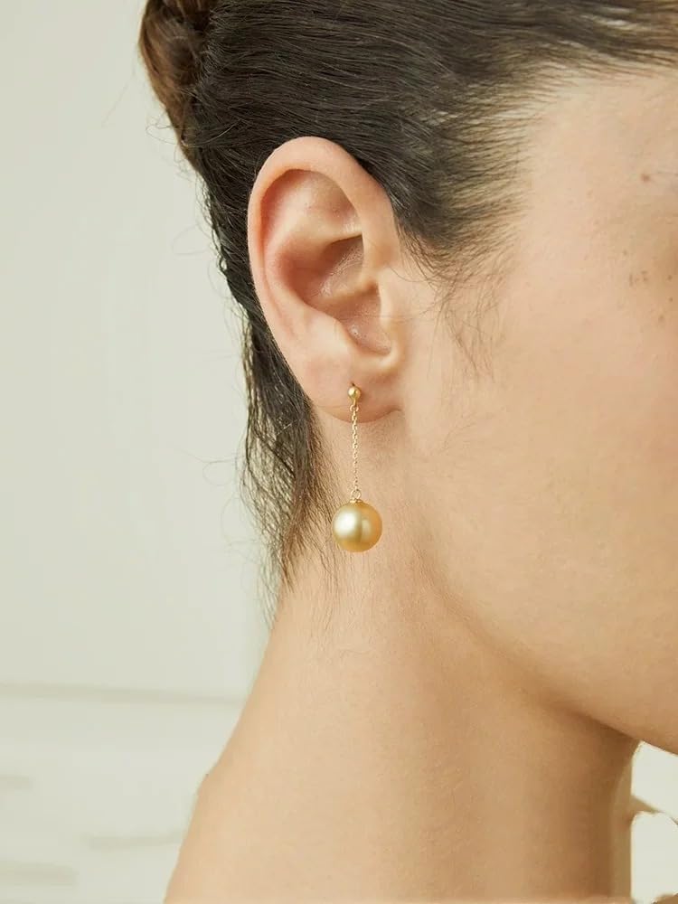 Natural Seawater Gold Pearl Drop Earrings, 18K Gold Long Chain Dangle Earrings with Pure Gold Pins for Women