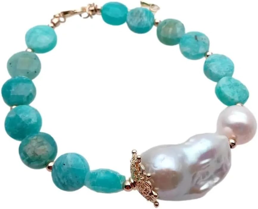 Freshwater Cultured White Keshi Baroque Pearl & Amazonite Bracelet | Pearl Size,, Natural Green Stone, Peruvian Amazonite, Beaded Design