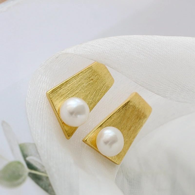 925 Sterling Silver Pearl Earrings, 18K Gold Plated Geometric Studs with Natural Freshwater Pearls, Modern Statement Jewelry