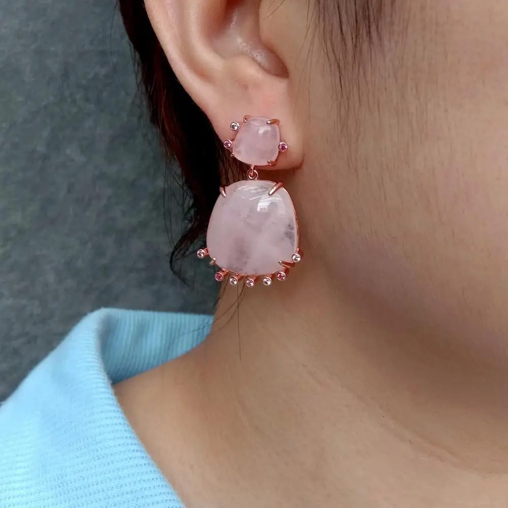 Elegant Rose Quartz Drop Earrings, Rose Gold Plated, Pink Crystal with CZ Accents, 23mm, Statement Jewelry