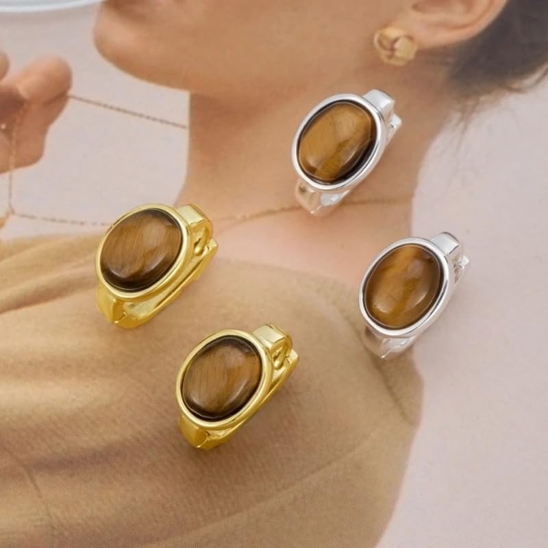 Natural Oval Tiger's Eye Stone 925 Sterling Silver Huggie Hoop Earrings