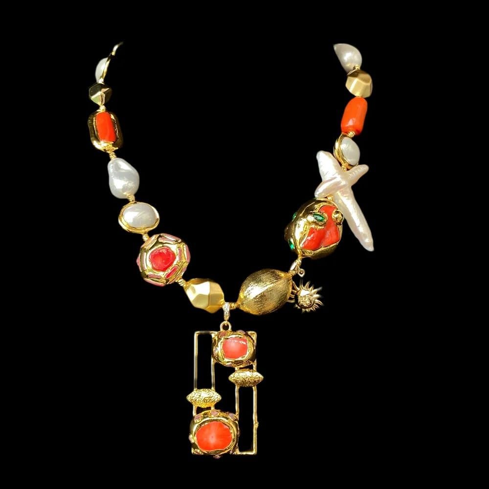Vintage Baroque Pearl Mixed Gemstone Beaded Necklace Gold Plated