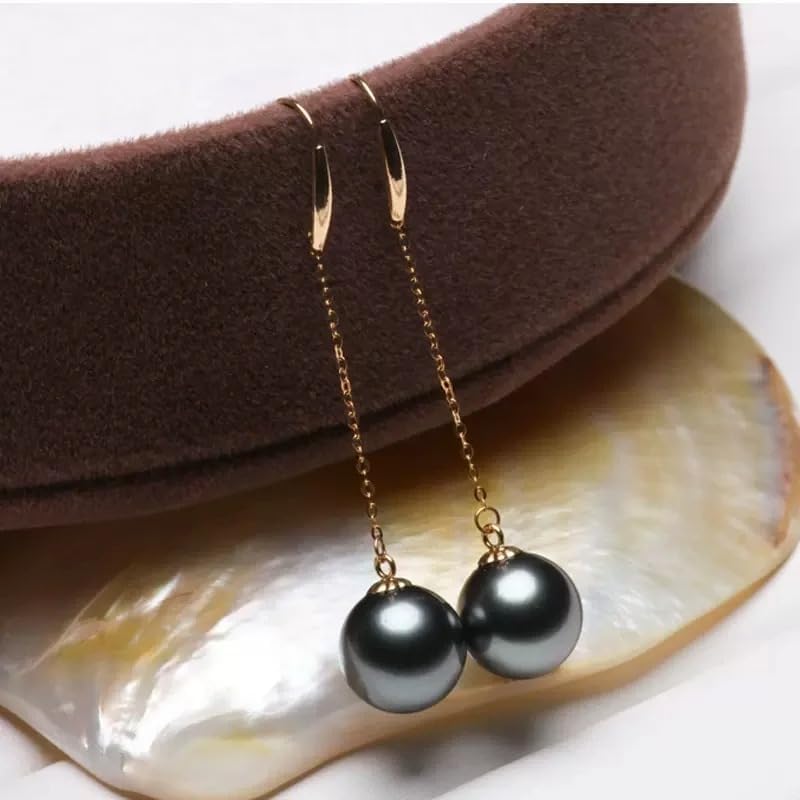 Tahitian Black Pearl Drop Earrings, 18K Gold Plated, Long Dangle Chain Style, Fashion Jewelry for Women