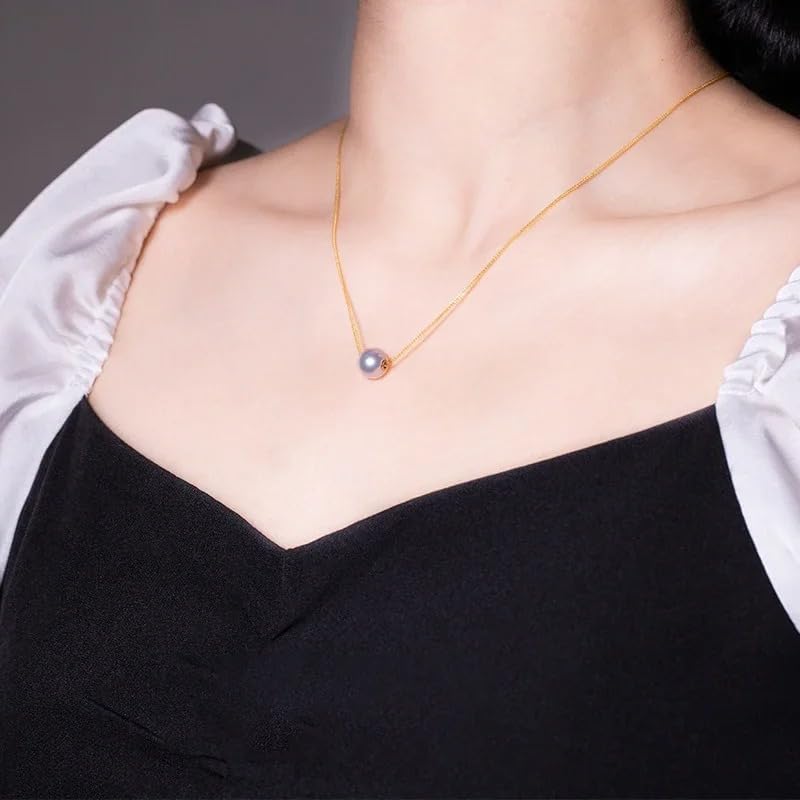 18K Gold Natural Freshwater Pearl Pendant Necklace, White Pink Purple Round Pearl