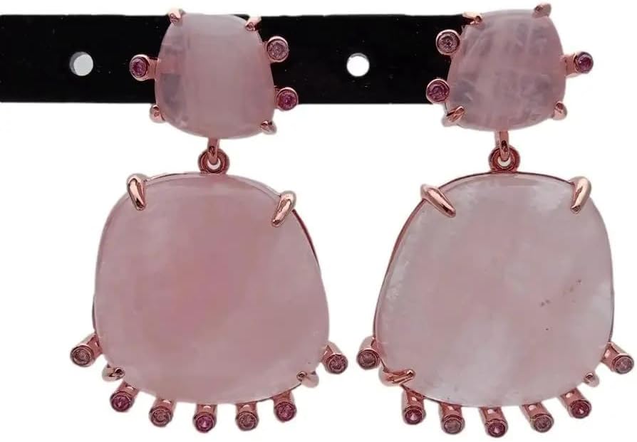 Elegant Rose Quartz Drop Earrings, Rose Gold Plated, Pink Crystal with CZ Accents, 23mm, Statement Jewelry