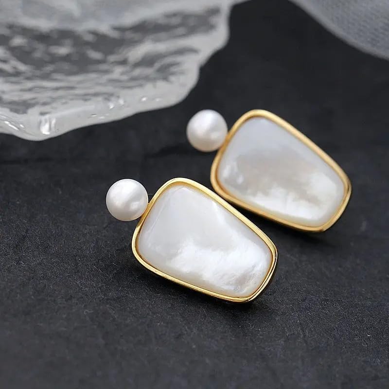 Elegant Natural Shell Earrings with Freshwater Pearl, 18K Gold Plated, White Geometric Design, Statement Drop Style