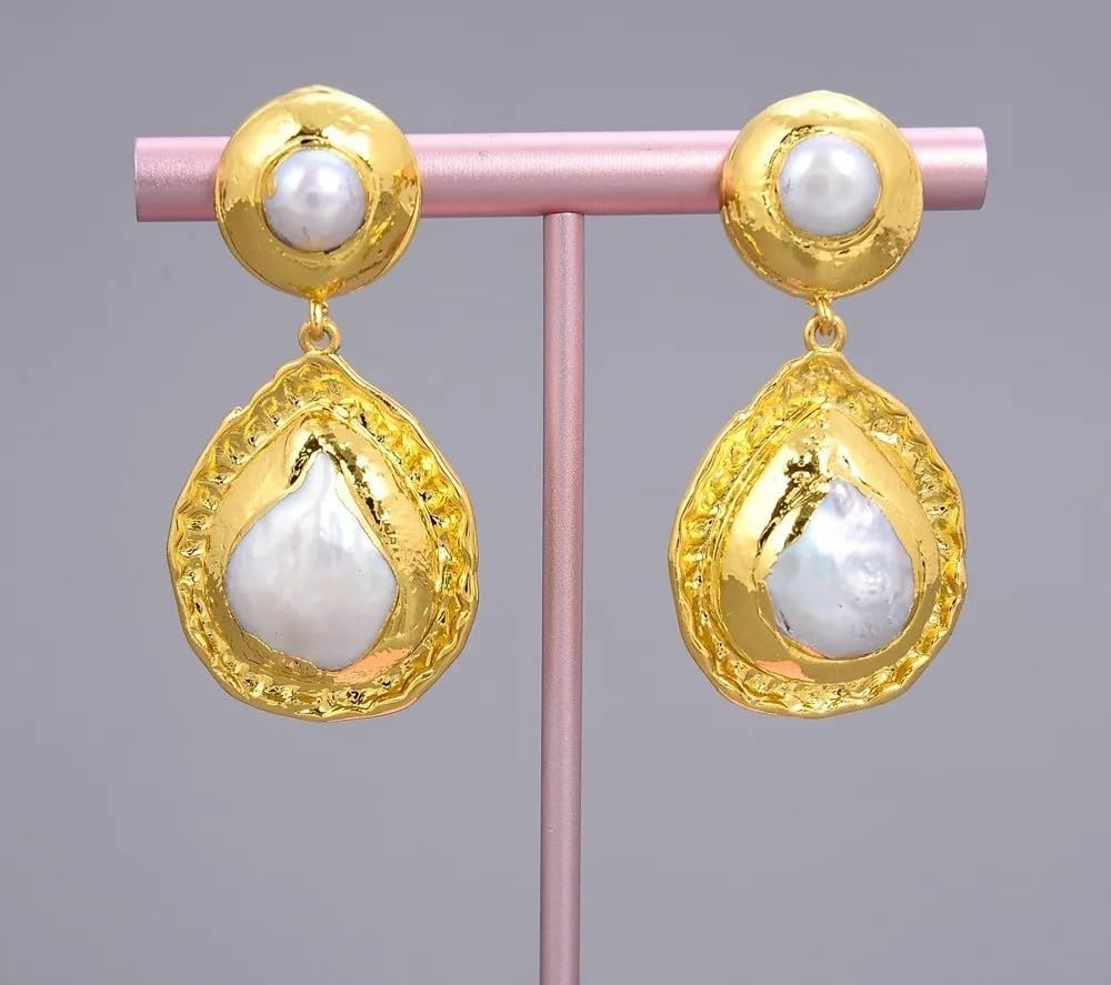 Elegant Gold Plated Natural White Keshi Pearl Teardrop Dangle Earrings, Coin-Shaped Pearl Statement Jewelry
