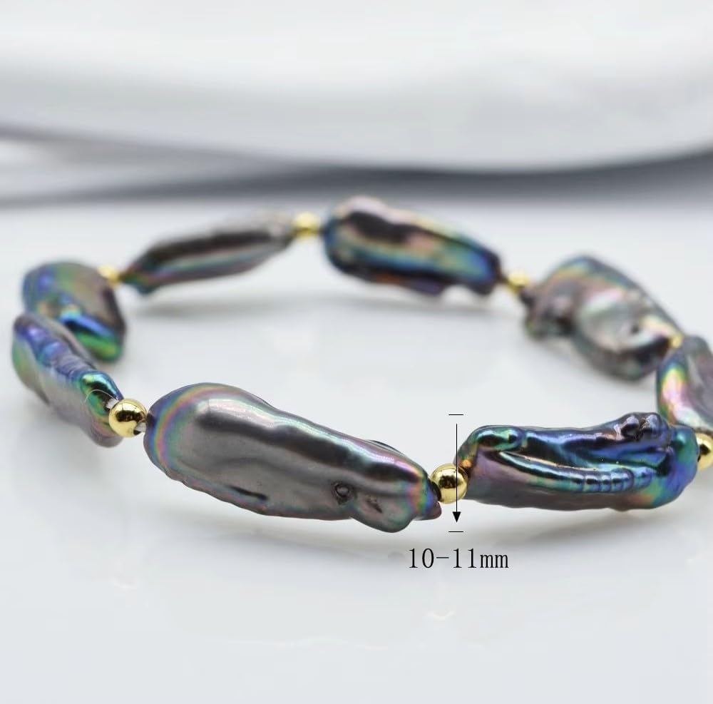 Genuine Black Baroque Freshwater Pearl Stretch Bracelet, Multicolor Iridescent
