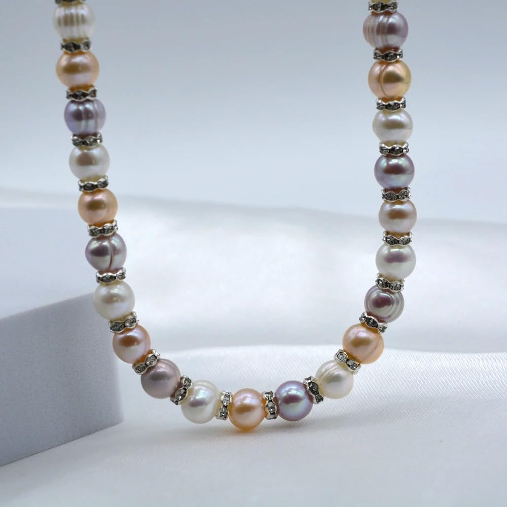 Freshwater Pearl Necklace with Cubic Zirconia, Natural Rainbow Multicolor Round Pearls, Classic Style