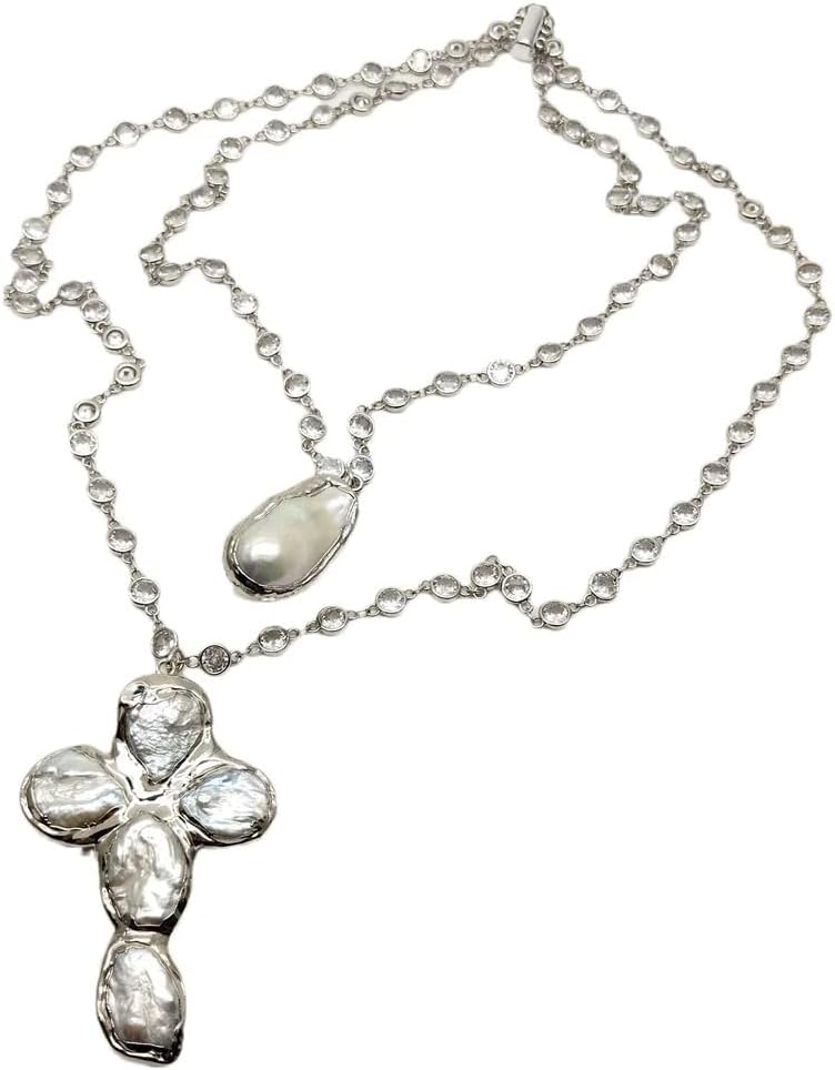 Handmade Baroque Pearl Cross Necklace, White, Silver Rosary Chain, 19x33mm Pearl Crucifix Pendant, 2 Strands, Bohemian Style