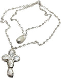 Handmade Baroque Pearl Cross Necklace, White, Silver Rosary Chain, 19x33mm Pearl Crucifix Pendant, 2 Strands, Bohemian Style