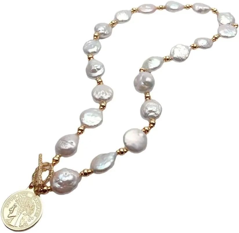 Baroque Pearl Necklace with Gold Coin Pendant, 14x17mm Natural Freshwater White Pearls, Gold Plated