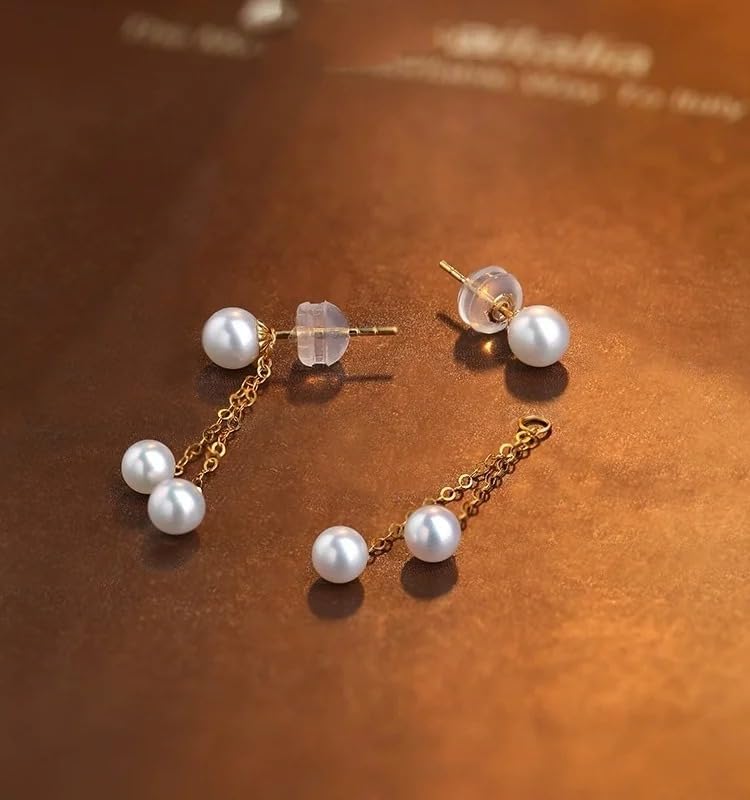 18K Gold Pearl Drop Earrings, AKoya Round Seawater Pearl, Dangle Chain Style, Wedding Gift for Women