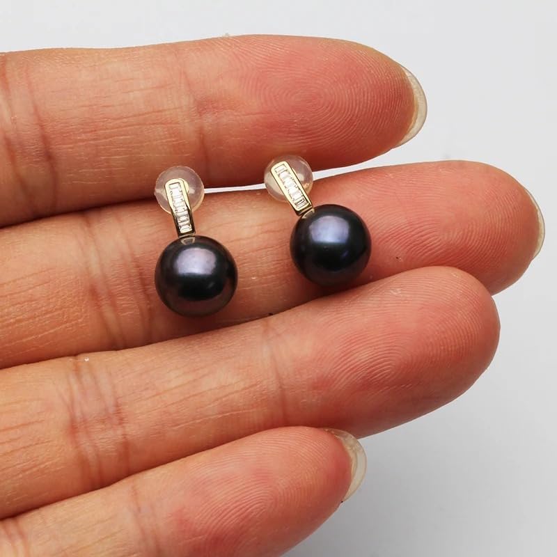 Tahitian Black Pearl Stud Earrings for Women, Real 14K Yellow Gold, Wedding Pearl Earrings