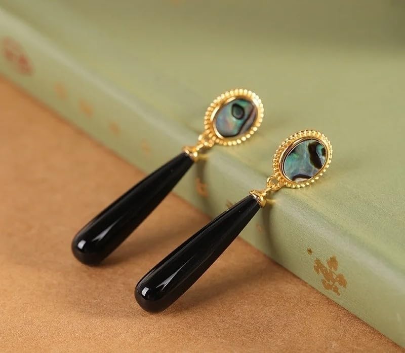 Vintage Gold Abalone Shell Drop Earrings, Oval Iridescent Stone with Black Onyx Teardrop Dangle, Statement Jewelry