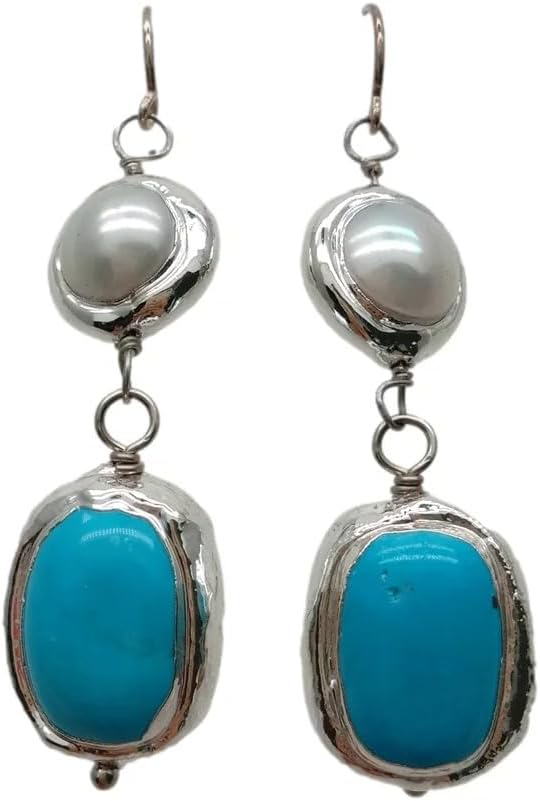 Cultured White Pearl Blue Turquoise Gold Plated 925 Silver Hook Dangle Earrings