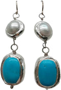 Cultured White Pearl Blue Turquoise Gold Plated 925 Silver Hook Dangle Earrings