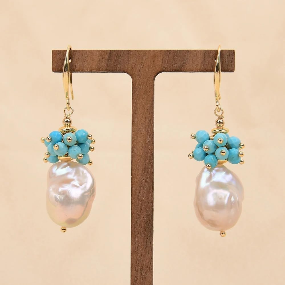 Baroque Pearl and Turquoise Drop Earrings, White Keshi Cultured Pearls with Blue Beads, Gold-Colored Hook Design