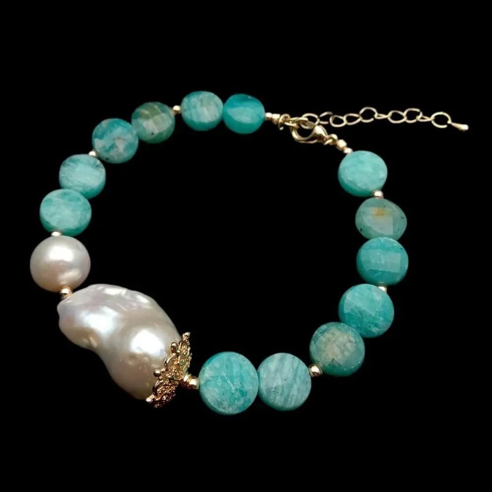 Freshwater Cultured White Keshi Baroque Pearl & Amazonite Bracelet | Pearl Size,, Natural Green Stone, Peruvian Amazonite, Beaded Design