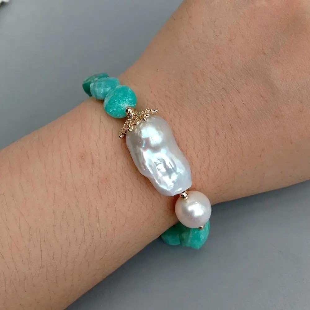 Freshwater Cultured White Keshi Baroque Pearl & Amazonite Bracelet | Pearl Size,, Natural Green Stone, Peruvian Amazonite, Beaded Design