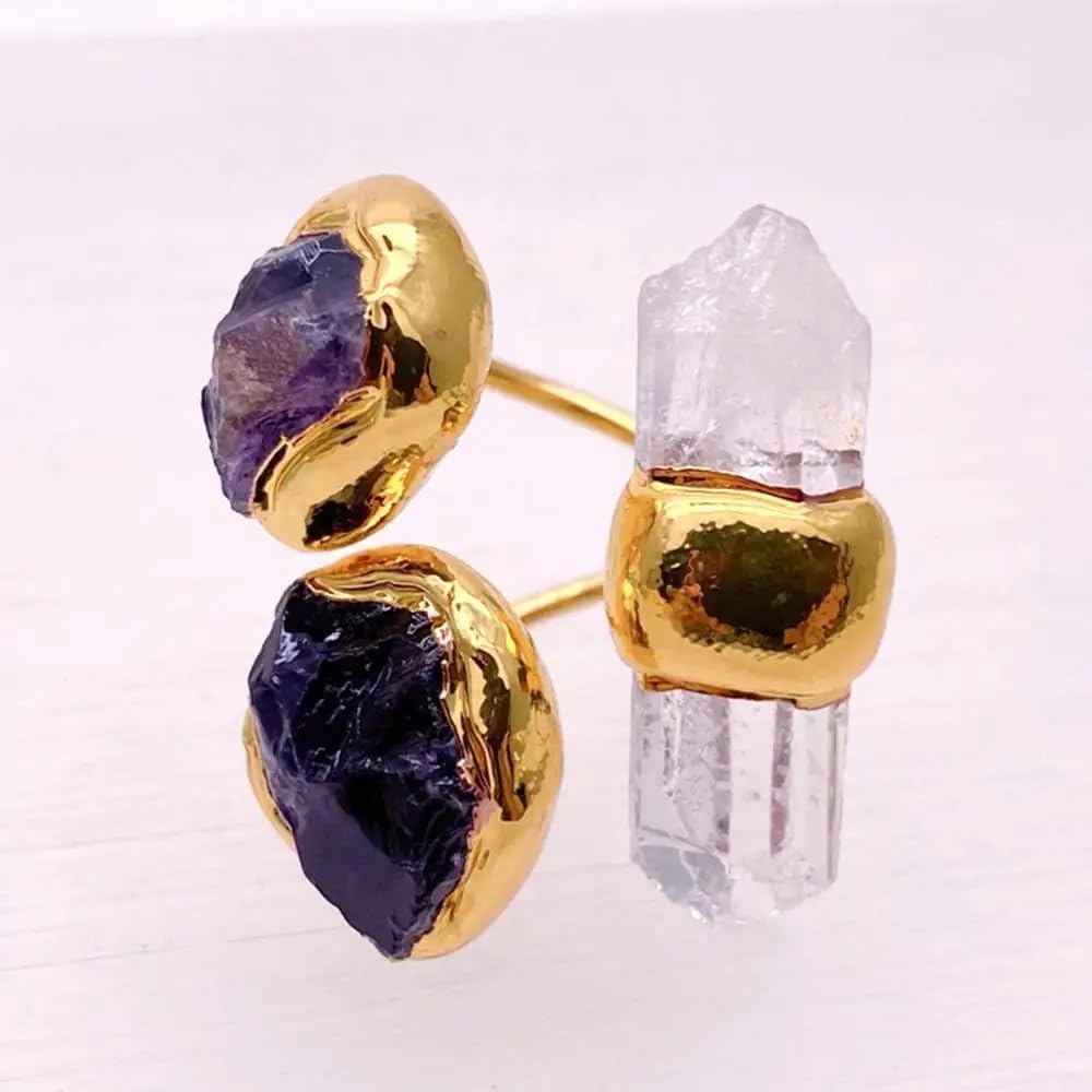 Handcrafted Natural Stone Ring, Gold Plated Amethyst and Quartz Crystal, 13x34mm, Adjustable Designer Statement Jewelry